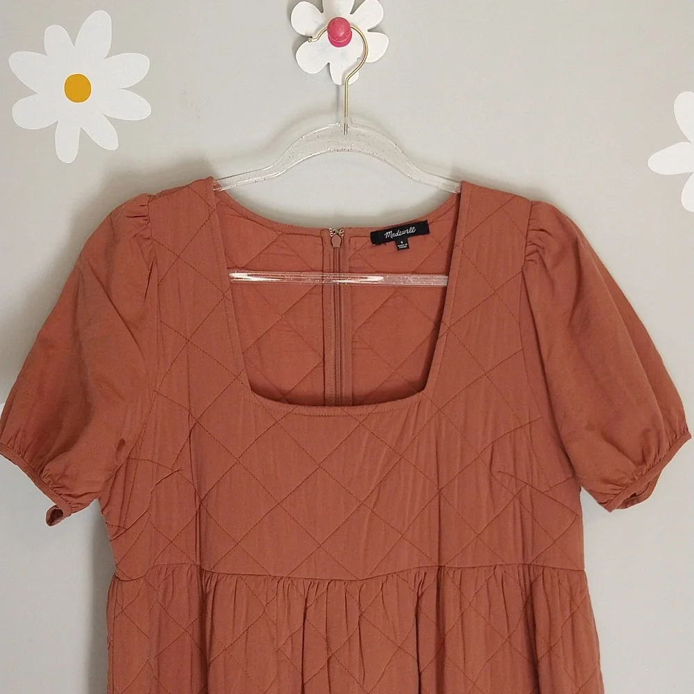 Madewell Quilted Aidy Square-Neck Puffed Sleeve Tiered Midi Dress Warm Umber - Picture 6 of 16